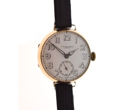 Vintage 9ct gold cased wristwatch by J.W. Benson of London, the white enamel dial with Arabic numerals and subsidiary seconds