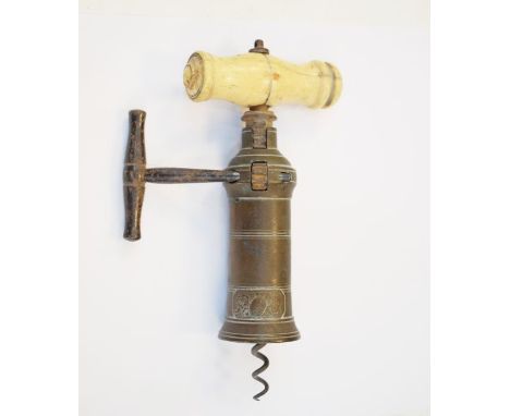 19th Century Kings Rack corkscrew having a turned bone handle, label with script 'Patent'   Condition: 