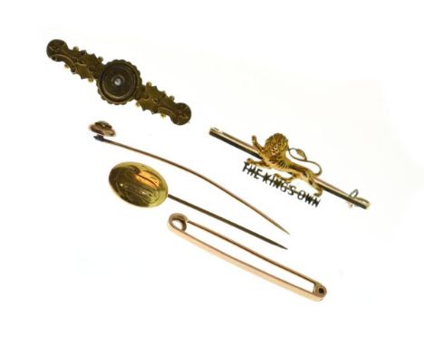 Three gold bar brooches and two stick pins   Condition: 
