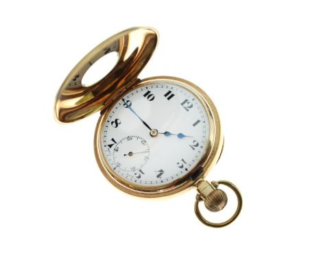 9ct gold cased top wind half hunter pocket watch, the white enamel dial with Arabic numerals and subsidiary seconds dial, gro