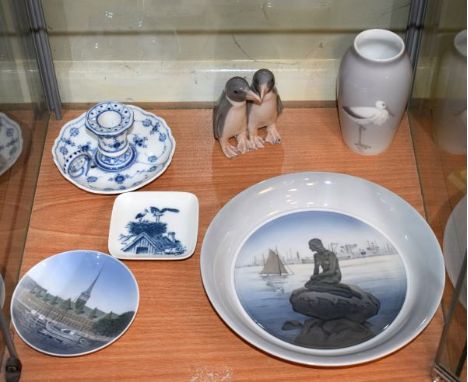 Royal Copenhagen plate, candlestick, penguin figure, vase and two pin dishes   Condition: 