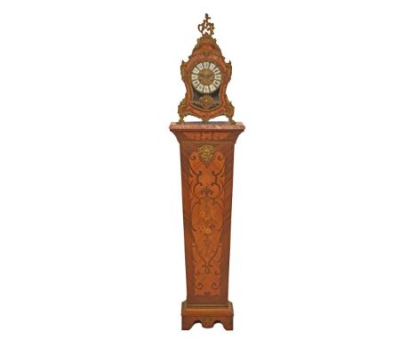 French style brass mounted marquetry inlaid walnut mantel clock and pedestal, the clock with brass dial having Roman numerals