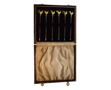 Set of six white metal and polychrome enamel cocktail sticks, each having a cockerel finial, stamped Sterling, 0.6oz approx, 