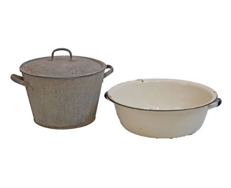Vintage enamel washbowl together with a galvanised wash tub and cover   Condition: 