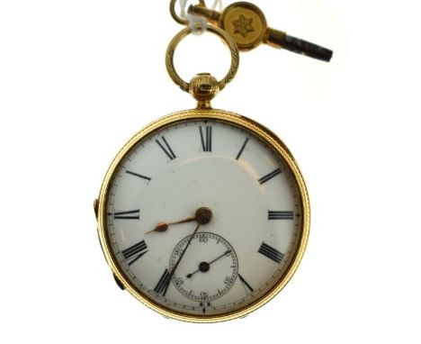Mid size 18ct gold key wind pocket watch, the white enamel dial with Roman numerals and subsidiary seconds dial, gross weight