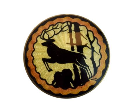 Scandinavian white metal and enamel circular brooch decorated with a stag in silhouette   Condition: 
