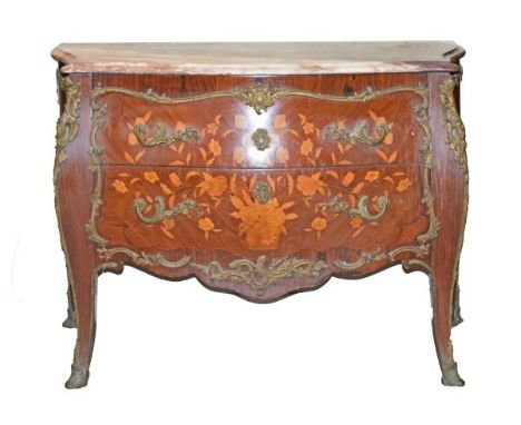 French style brass mounted marquetry inlaid walnut bombe front commode having a marble top, fitted two drawers and standing o