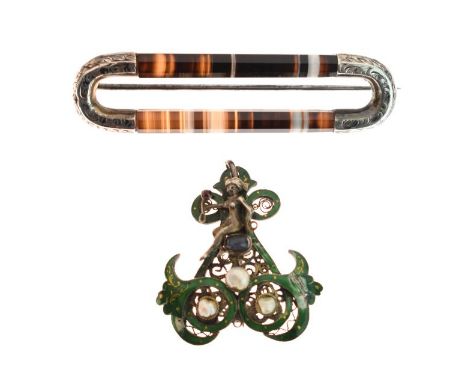 Unmarked enamel and white metal Renaissance style brooch together with an engraved white metal mounted agate brooch   Conditi