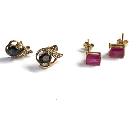 2 x 9ct gold vintage stud earrings inc. sapphire, ruby &amp; diamond (2g) 