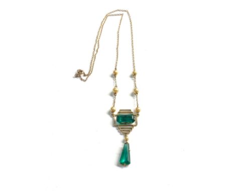 9ct gold vintage  paste &amp; faux pearl art deco lavalier pendant necklace (3.3g) 