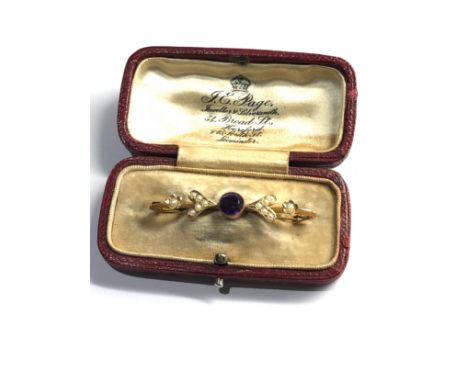 Boxed edwardian 9ct gold amethyst &amp; pearl brooch 2.7g 