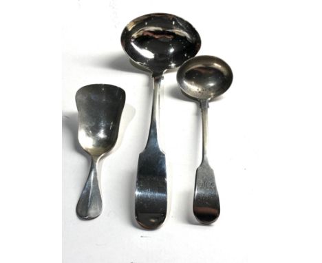 3 antique silver spoons includes 2 sauce ladles and caddy spoon 