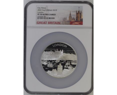 UNITED KINGDOM. Elizabeth II, 1952-. Silver 10 pounds, 2022. Royal Mint. Proof. First design in the City Views series, featur