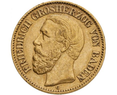 GERMANY. BADEN. Gold 10 mark, 1876 G. Friedrich I. Bust facing left; FRIEDRICH GROSHERZOG VON BADEN G / Crowned imperial eagl