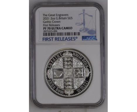 UNITED KINGDOM. Elizabeth II, 1952-. Silver 5 pounds, 2021. Royal Mint. Proof. The Great Engravers seriesA re-interpretation 
