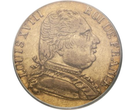 FRANCE. Louis XVIII, 1814-15, 1815-24. Gold 20 francs, 1815 R. London. London. Struck by London mint to pay for British troop