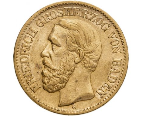 GERMANY. BADEN. Gold 10 mark, 1876 G. Friedrich I. Bust facing left; FRIEDRICH GROSHERZOG VON BADEN G / Crowned imperial eagl