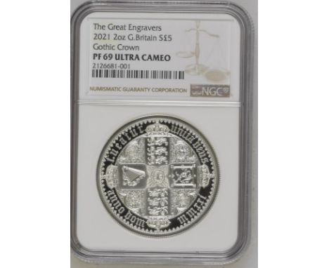 UNITED KINGDOM. Elizabeth II, 1952-. Silver 5 pounds, 2021. Royal Mint. Proof. The Great Engravers seriesA re-interpretation 