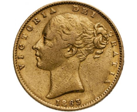 UNITED KINGDOM. Victoria, 1837-1901. Gold sovereign, 1863. London. No die number; Roman I. Second young head of Victoria faci