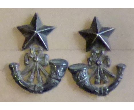 British Pre-WWI Officers Light Infantry Collar badges, scarce variant (White-metal, lugs)