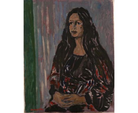 Eric James Mellon (1925-2014) Portrait of a lady seated wearing a black, red, blue and white jumper Signed, oil on canvas, 51