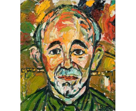 John Bratby RA, LG, ARCA (1928-1992) Head and shoulders portrait of Steve Race Signed, labels verso inscribed ''Greenwich Dec