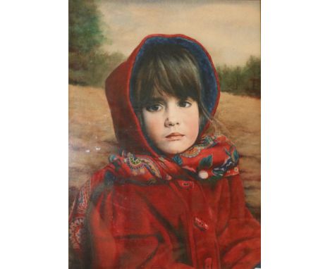 John Blakey (b.1952) Irish Portrait of a young girl wearing a red coat and paisley patterned scarf Signed and dated (19)89, w