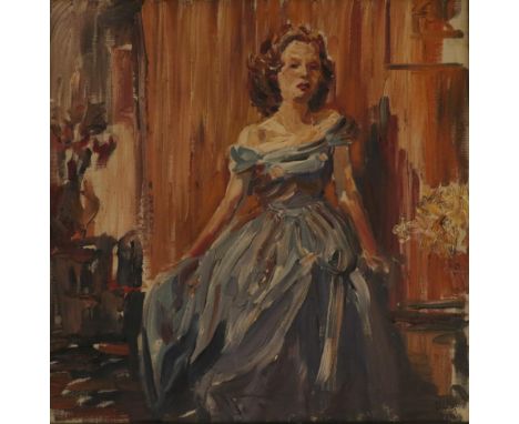 Ronald Ossory Dunlop (1894-1973) Irish Portrait of an elegant lady, full length, seated in an interior, wearing a blue ball g