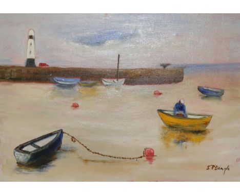 Stephanie Dingle (1926-2017) ''Waiting for the Tide- St. Ives'' Signed, inscribed verso, oil on canvas, 41cm by 59cm  Born in