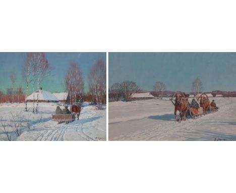 Andrei Afanasievich Jegorov (1878-1954) Russian Snow scene with figures in a horse drawn sled Signed, gouache, together with 