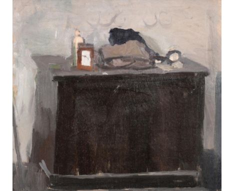 Patrick George (1923-2016) Still life with a chest of drawers With studio stamp to reverse, oil on board, 25cm by 28cm Proven