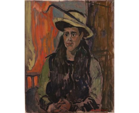 Eric James Mellon (1925-2014) Portrait of a lady seated wearing a yellow hat with a black feather - from the hat series Signe