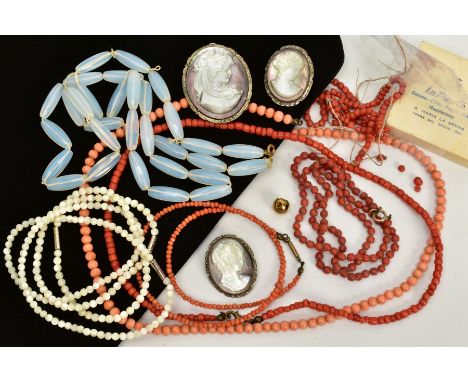 A SELECTION OF CORAL AND OTHER BEAD NECKLACES, CAMEOS, to include five coral bead necklaces, with yellow metal clasps, three 