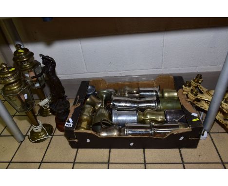 A BOX OF LOOSE METALWARES, etc, to include tankards, spelter figure, light fittings etc