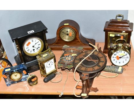NINE VARIOUS LATE VICTORIAN AND 20TH CENTURY MANTEL CLOCKS AND TIMEPIECES, including a black slate mantel clock, a blue glass