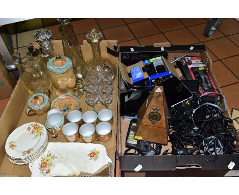 TWO BOXES OF GLASSWARE, CERAMICS, TECHNOLOGY AND A MAELZEL (LONDON) WALNUT CASED METRONOME, to include a Japanese eggshell po