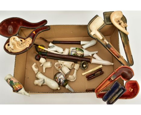 A SELECTION OF SMOKING EQUIPMENT, to include a cased Meerschaum pipe, the bowl gripped by a clawed birds foot fitted to a sil