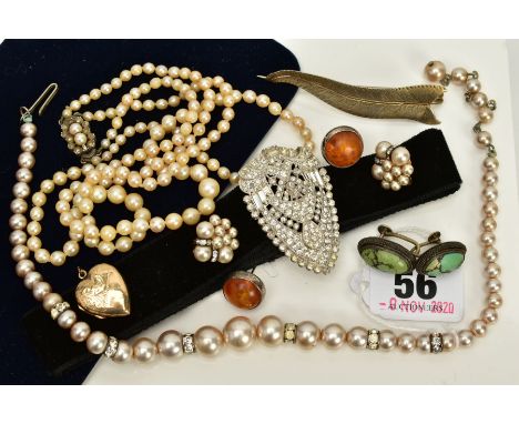 A SMALL QUANTITY OF JEWELLERY, to include a graduated double strand cultured pearl necklace, fitted to a white metal integrat