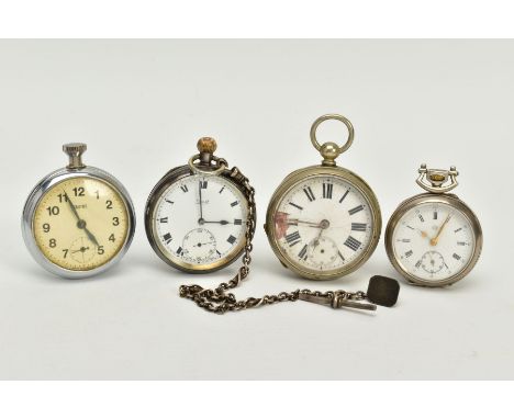 FOUR OPEN FACED POCKET WATCHES AND ALBERT CHAIN, to include a silver 'Limit', white dial, roman numerals, seconds subsidiary 