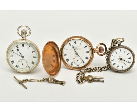 TWO OPEN FACED SILVER POCKET WATCHES AND A GOLD PLATED FULL HUNTER POCKET WATCH, the first with a white dial, Roman numerals,