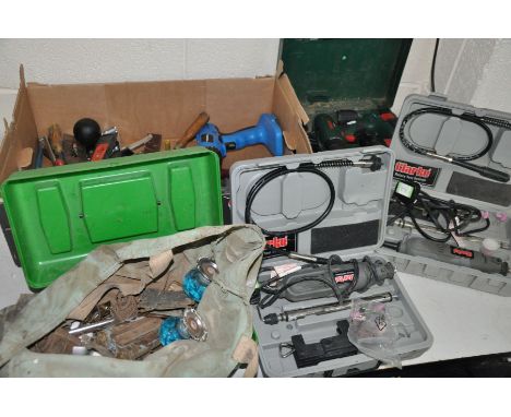 A TRAY OF VARIOUS TOOLS to include a cased Bosch battery drill, two cased Clarke rotary tool systems, small box of metal misc