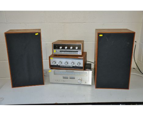 A COLLECTION OF VINTAGE HI FI EQUIPMENT, including an Armstrong 521 amplifier in a teak effect case, a Leak Stereo 70 amplifi
