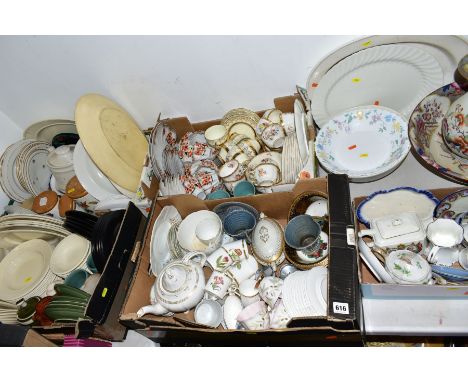 FIVE BOXES OF CERAMICS AND LOOSE, including George Jones Crescent China floral tea wares, Royal Worcester coffee cups and sau