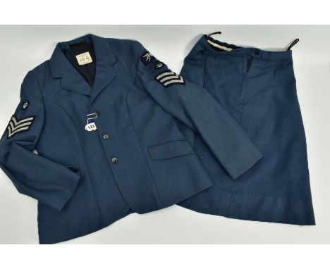 A WOMENS RAF UNIFORM JACKET AND SKIRT, post WWII, with Sgt rank patches on sleeves, together with Crown and 'Fist &amp; Spark