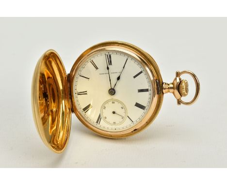 A  FULL HUNTER POCKET WATCH, white dial, Roman numerals, dial signed 'Hampden Watch Co', blue hands, seconds subsidiary dial 