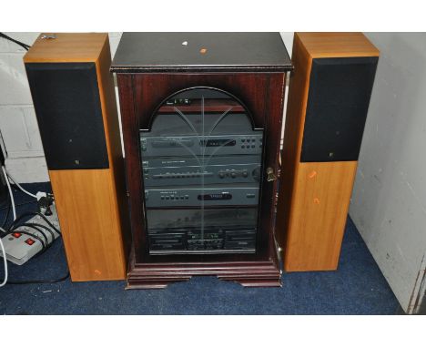 A MOSTLY NAD COMPONENT HI-FI IN CABINET, comprising of a NAD C320BEE amplifier, a C521I CD player, a C420 tuner, a Onkyo dual