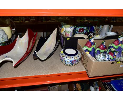 TWO MID 20TH CENTURY VALLAURIS POTTERY ELONGATED DISHES AND TWO BOXES OF ASSORTED CERAMICS, the two dishes with iridescent gl