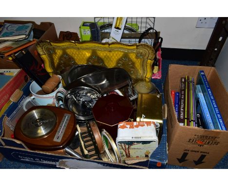 THREE BOXES OF KITCHENALIA, ROYAL AIR FORCE BOOKS, BINOCULARS ETC, including a Comitti of London barometer, a Take of London 