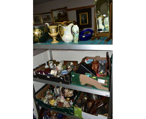 FOUR BOXES AND LOOSE CERAMICS, ETC, including a Barbola style mirror of cheval form, assorted mantel clocks, copper pans, ora