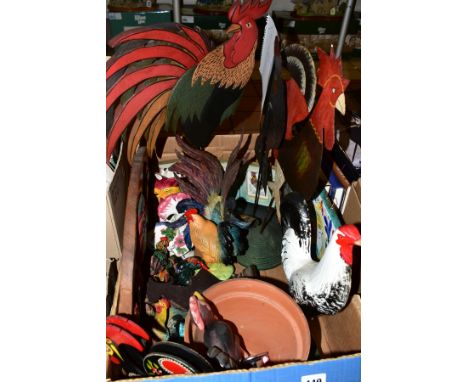 A BOX OF ASSORTED WOODEN, METAL AND CERAMIC POULTRY DECORATED FIGURES, including a cockerel doorstop, a plant pot, photo fram